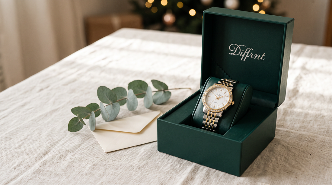 DIFFRNT Venoria two-tone women's watch in the open green DIFFRNT gift box on linen