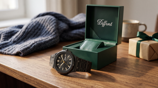 DIFFRNT Brone watch in all black on a wooden desk next to the green DIFFRNT gift box