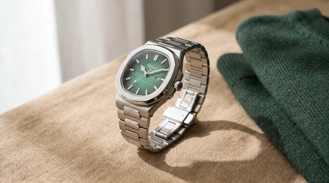 DIFFRNT Caspian square watch with a green dial resting on linen