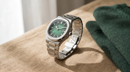 DIFFRNT Caspian square watch with a green dial resting on linen