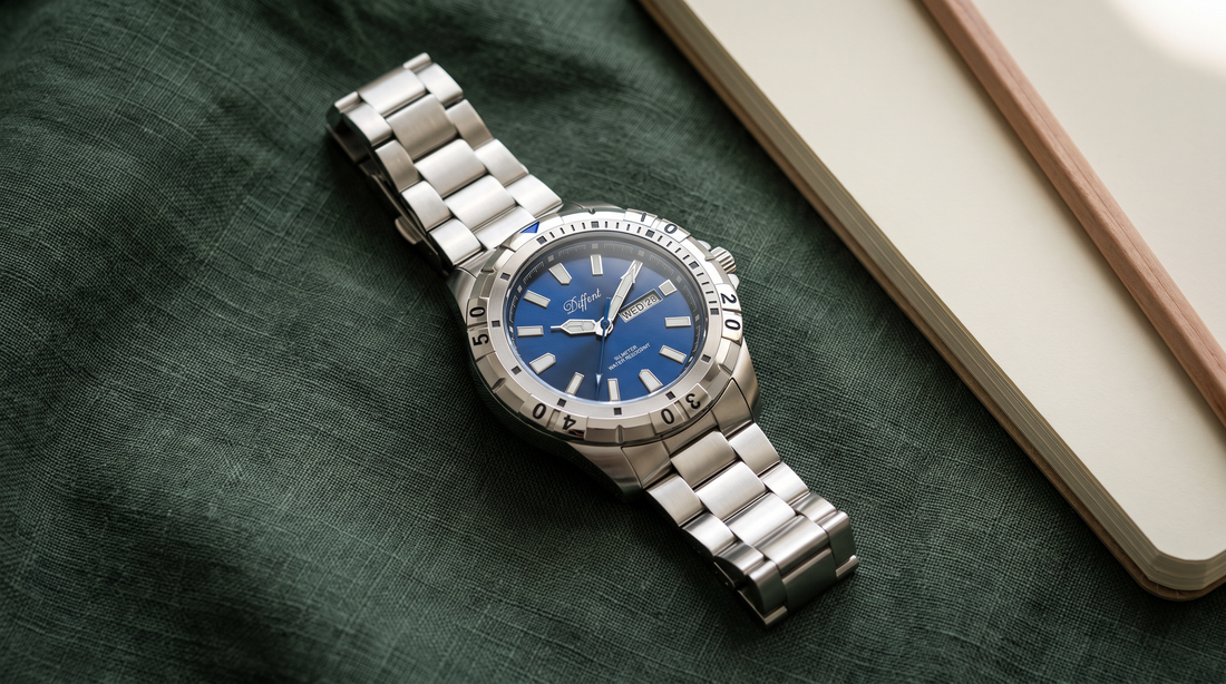 DIFFRNT Valois watch with a blue dial on dark green linen