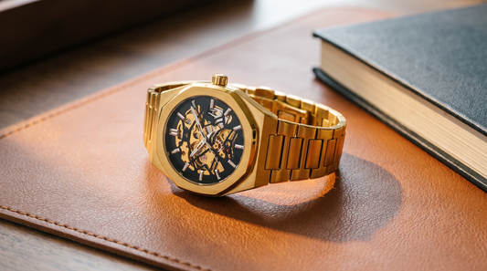DIFFRNT Spine automatic watch on a leather desk mat