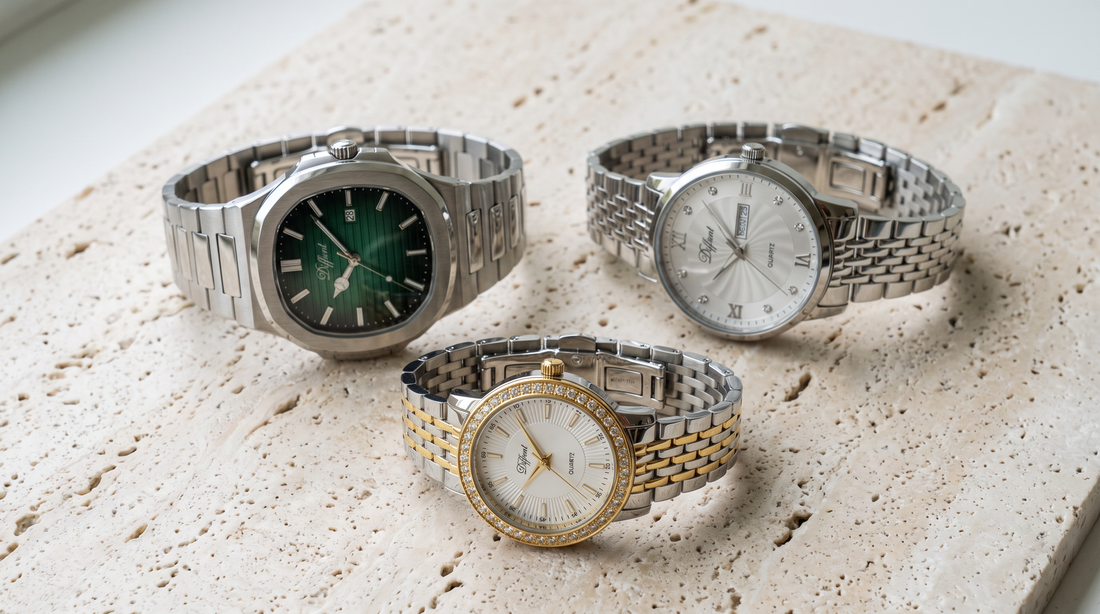DIFFRNT Caspian, Nassau and Venoria watches on travertine