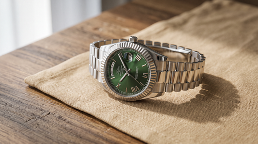 DIFFRNT Santos watch with an emerald dial on linen