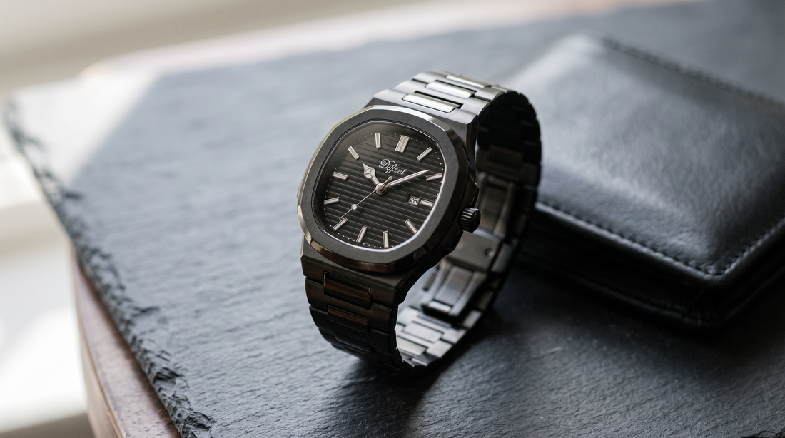 DIFFRNT Caspian watch with a black dial on slate