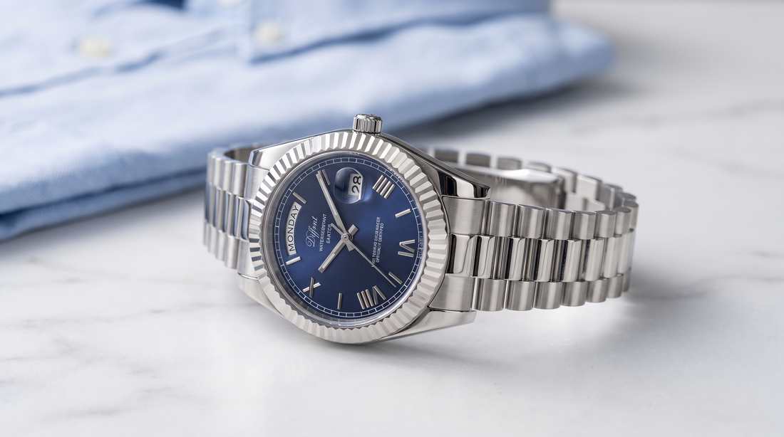 DIFFRNT Santos watch with a blue dial on white marble
