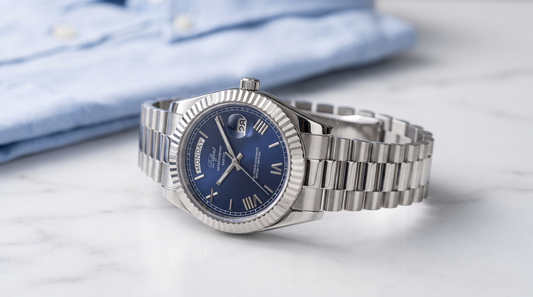 DIFFRNT Santos watch with a blue dial on white marble