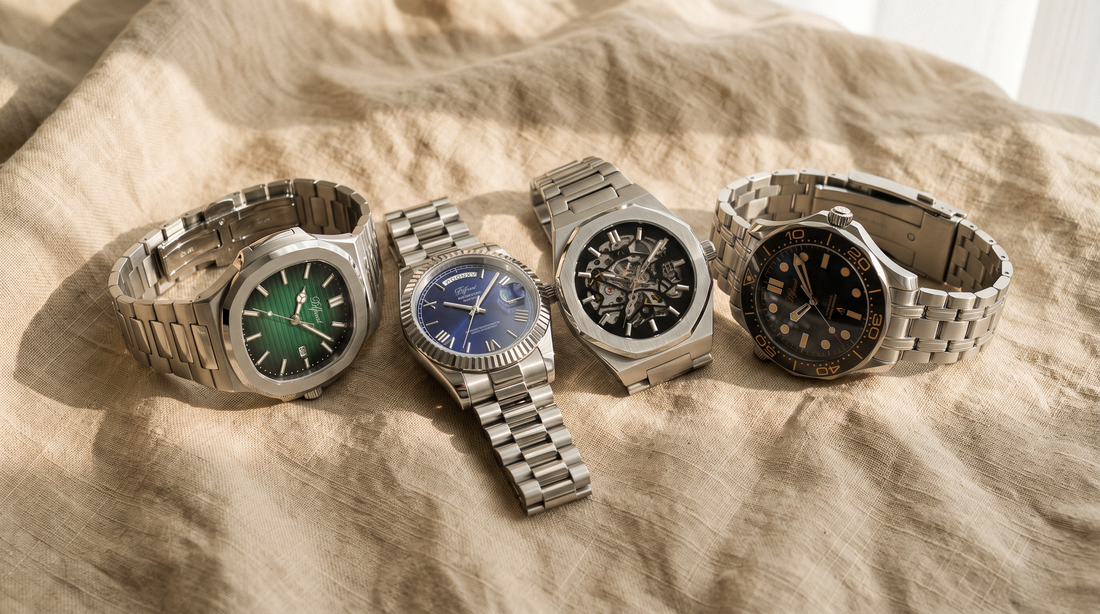 Four DIFFRNT watches in different styles on sand-coloured linen