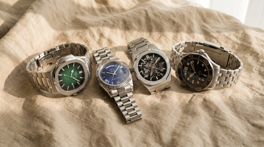 Four DIFFRNT watches in different styles on sand-coloured linen