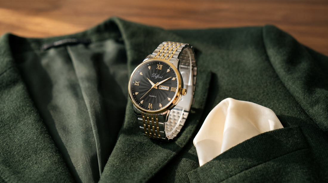DIFFRNT Nassau gold watch on a green blazer with a pocket square