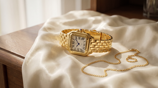DIFFRNT Calista gold watch with a gold necklace on silk
