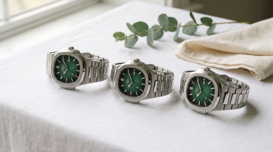 Three DIFFRNT Caspian watches on a white wedding tablecloth