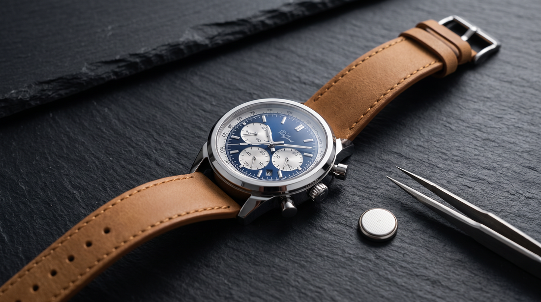 DIFFRNT Meridian watch on slate next to a coin-cell battery and tweezers