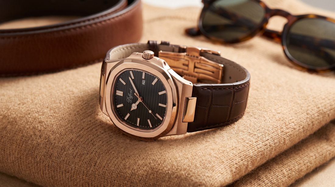 DIFFRNT Atlas rose gold watch on a camel sweater with a leather belt and sunglasses