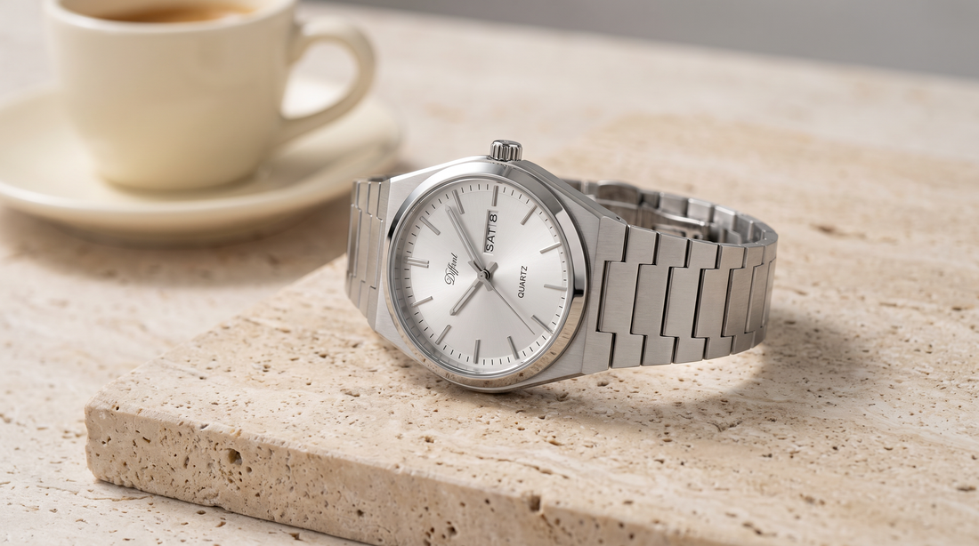 DIFFRNT Fortuno watch with an integrated bracelet on travertine