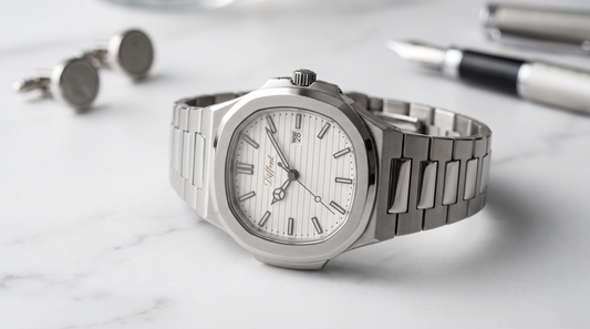 DIFFRNT Caspian Ice watch on white marble with cufflinks and a pen