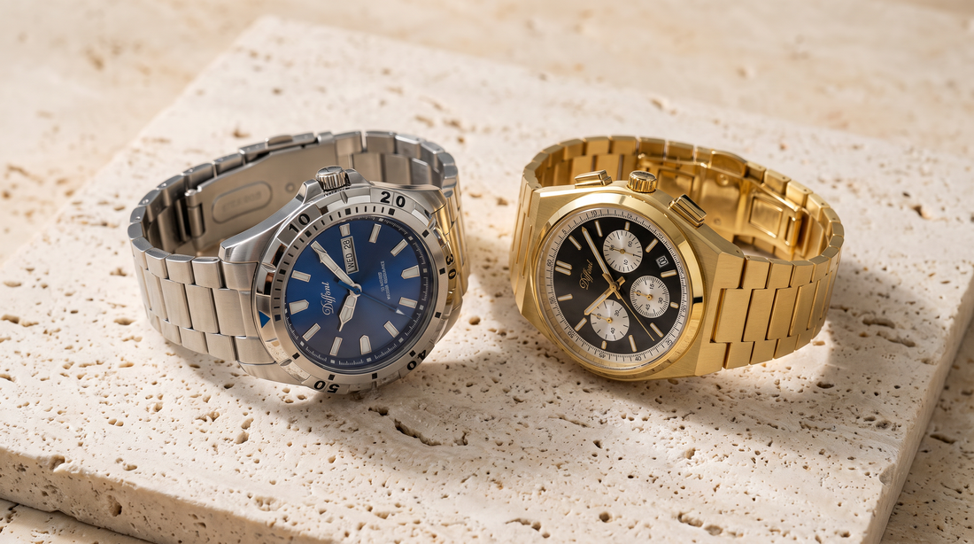 Silver DIFFRNT Valois and gold DIFFRNT Prague watches side by side on travertine