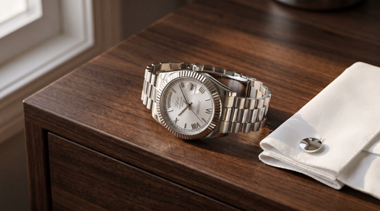 DIFFRNT Santos Pearl watch beside a white shirt cuff