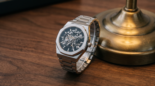 DIFFRNT Spine skeleton watch on a walnut desk