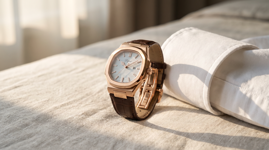 DIFFRNT Atlas rose gold watch beside a shirt cuff