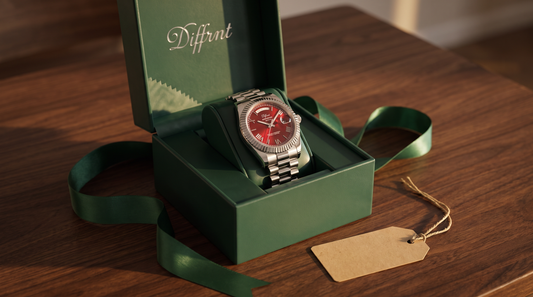 DIFFRNT Santos watch in a green gift box with ribbon