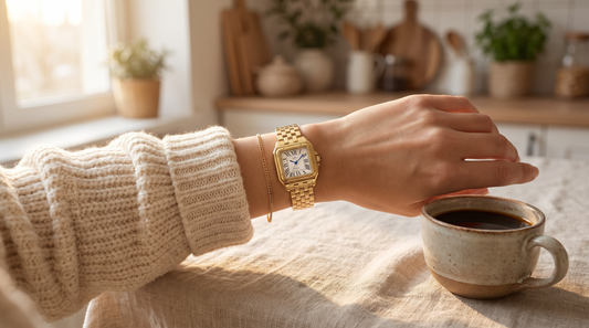 Petite gold DIFFRNT Calista watch on a small wrist