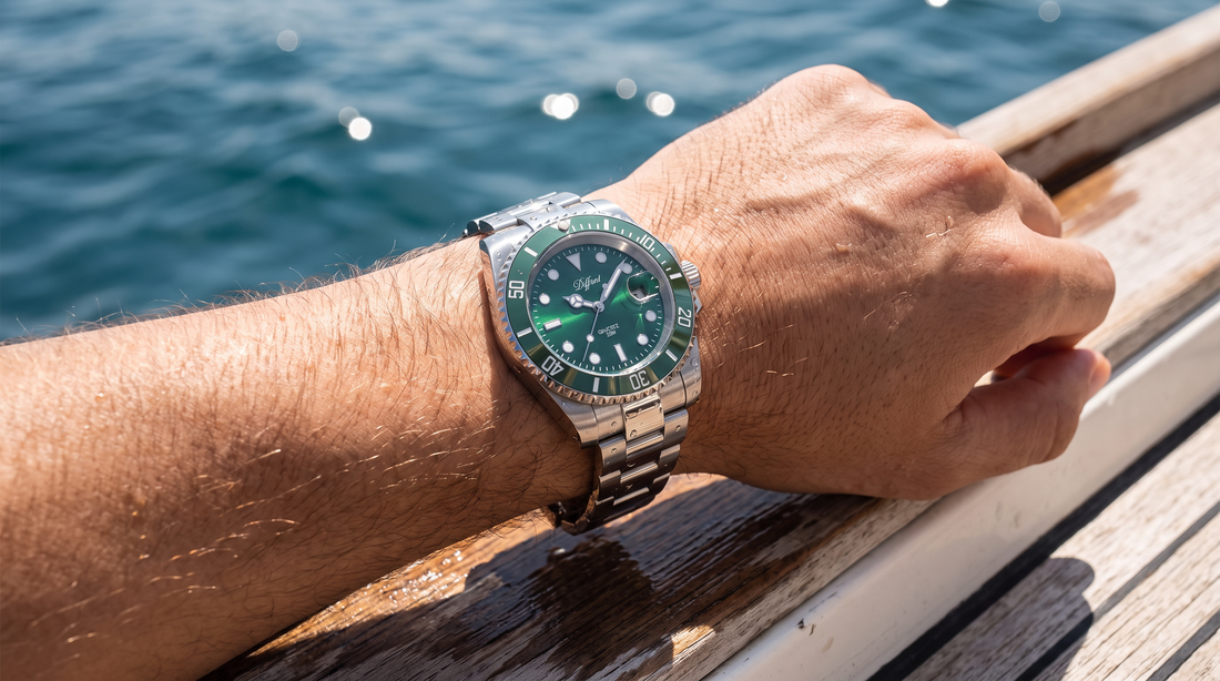 Man's wrist with the DIFFRNT Baretta stainless steel watch on a sunlit boat deck