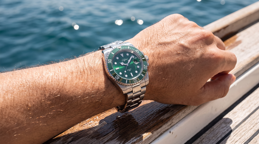 Man's wrist with the DIFFRNT Baretta stainless steel watch on a sunlit boat deck