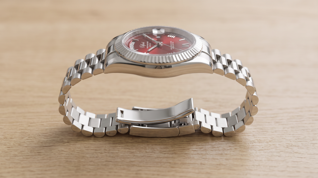 DIFFRNT Santos watch on an oak table with its folding bracelet clasp partly opened