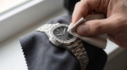 Hand gently polishing the steel case of the DIFFRNT Forge watch with a microfibre cloth