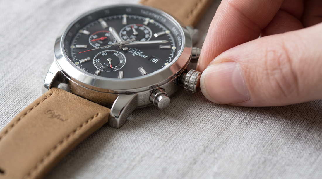 Fingers pulling out the crown of the DIFFRNT Regent watch to set the time