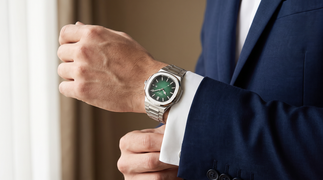 Man in a navy suit adjusting his shirt cuff over the DIFFRNT Caspian watch