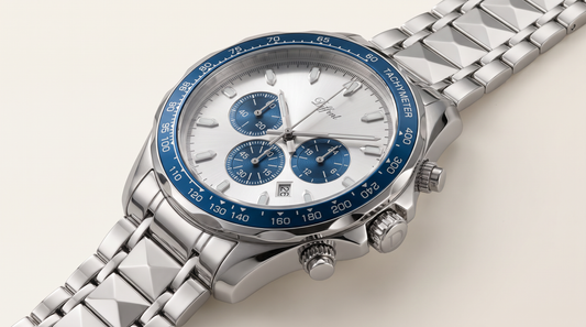 Three-quarter view of the DIFFRNT Chronometer showing crown, bezel, lugs and dial