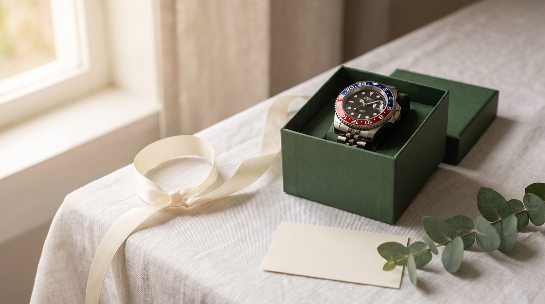 DIFFRNT Imperial watch in an open dark green gift box with a cream ribbon