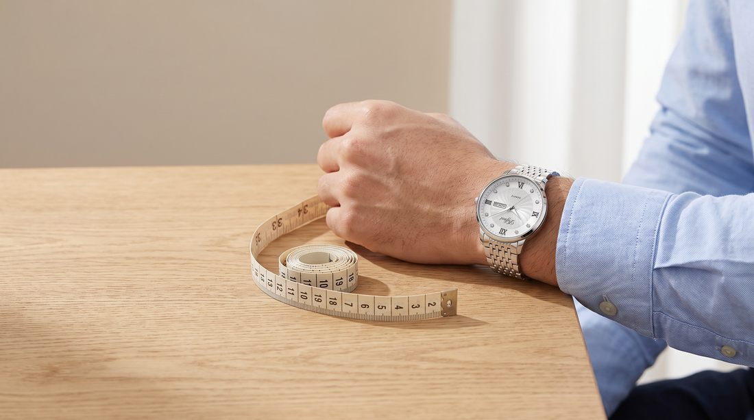 Man wearing the DIFFRNT Nassau watch with a measuring tape on a wooden table