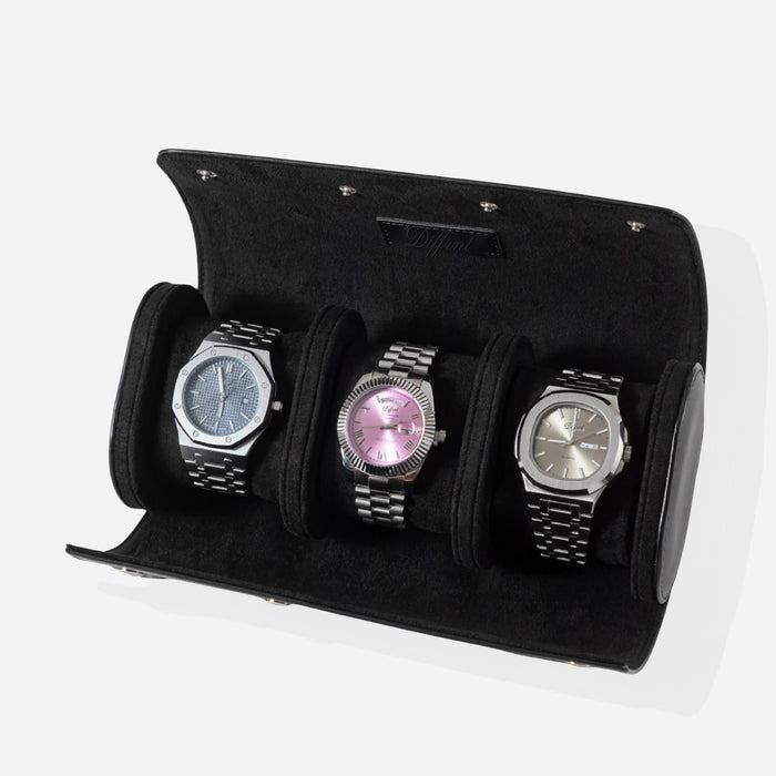 Premium Leather Watch Roll – Trio / Black Leather